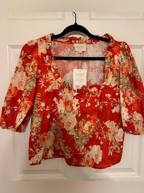 Sézane Red Floral Puff-Sleeve Blouse
